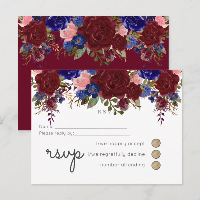Elegant Burgundy Blue Floral Wedding Budget Einladungspostkarte (Vorne/Hinten)
