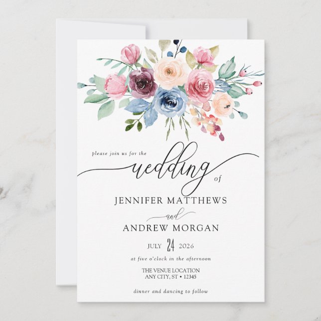 Elegant Burgundy Blue Flowers QR Code Wedding Einladung (Vorderseite)