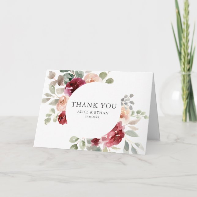 Elegant Burgundy Blume Eucalyptus Foto Wedding Dankeskarte (Vorderseite)