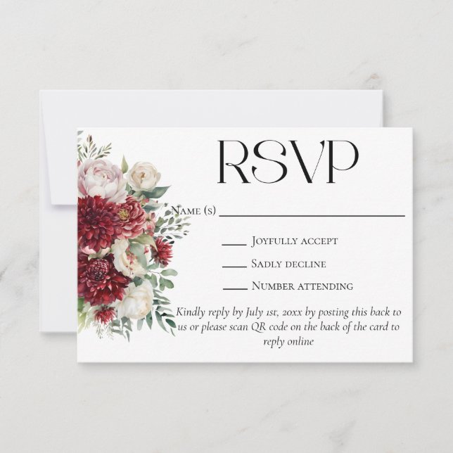 Elegant Burgundy Blume QR Code Wedding Website RSVP Karte (Vorderseite)