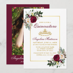 Elegant Burgundy Blumengrün Foto Quinceanera Einladung