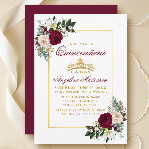 Elegant Burgundy Blumengrün Quinceanera Gold Einladung
