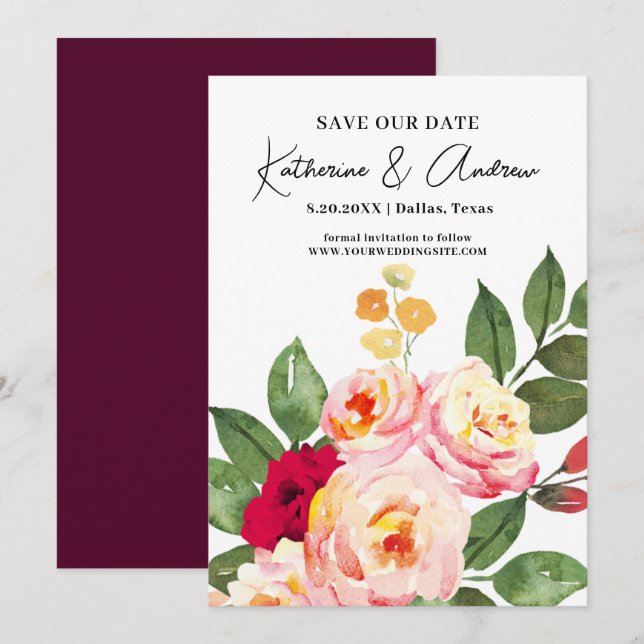 Elegant Burgundy Blush Bloral Save the Date Einladung (Vorne/Hinten)