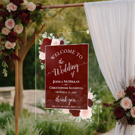Elegant Burgundy Blush Boho Roses Wedding Welcome Acrylschild