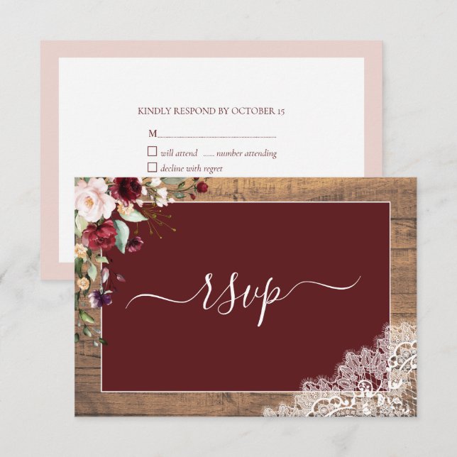 Elégant Burgundy Blush Botanique Dentelle RSVP (Devant / Derrière)