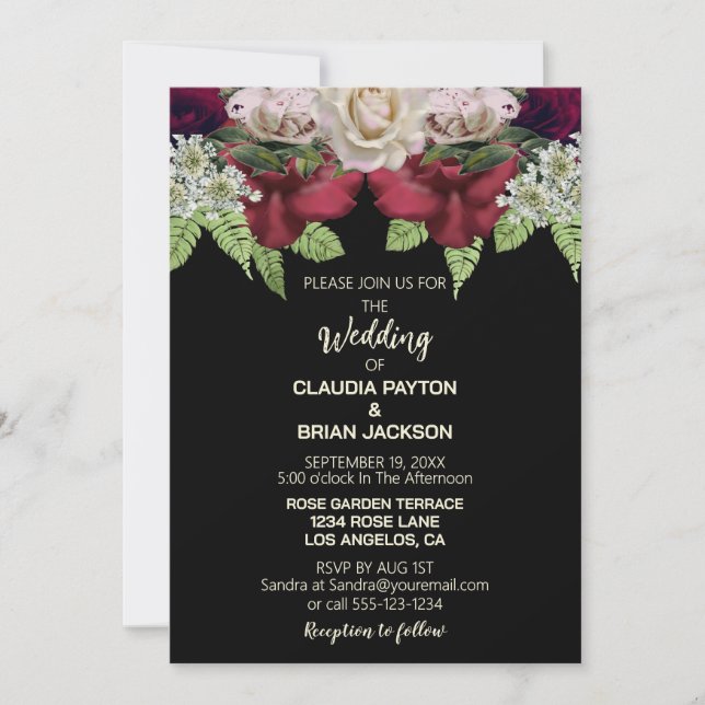 Elegant Burgundy Blush Floral Black Wedding Einladung (Vorderseite)