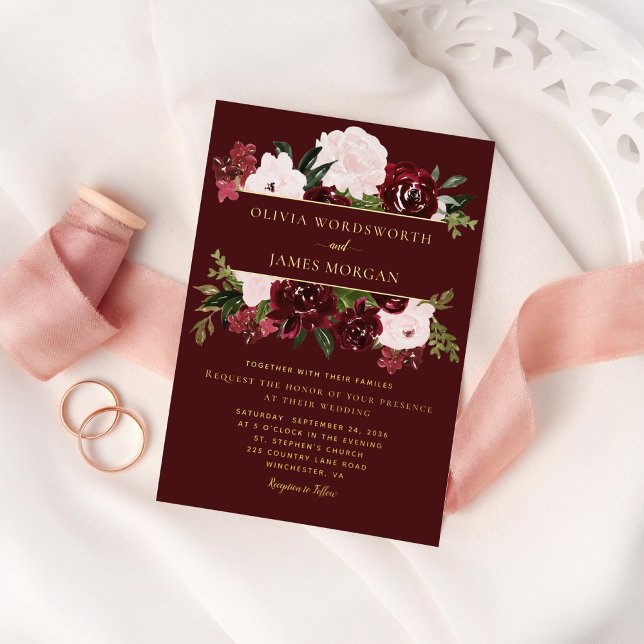 Elegant Burgundy Blush Floral Gold Foil Wedding Folieneinladung (Von Creator hochgeladen)