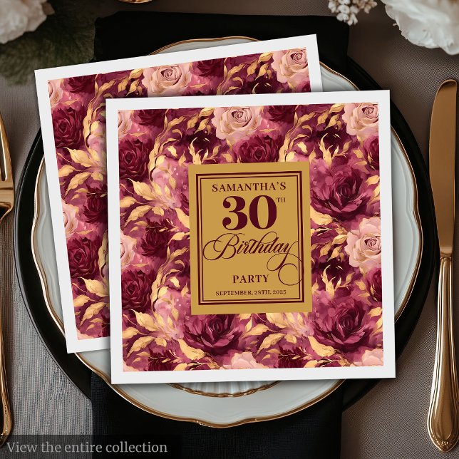 Elegant Burgundy Blush Gold 30. Geburtstag Napkins Serviette (Elegant Burgundy Blush Gold 30th Birthday Napkins)