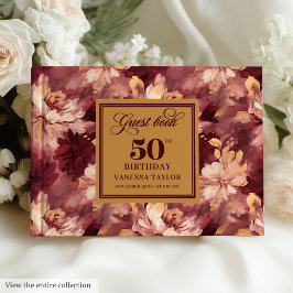 Elegant Burgundy Blush Gold Floral 50. Geburtstag Gästebuch