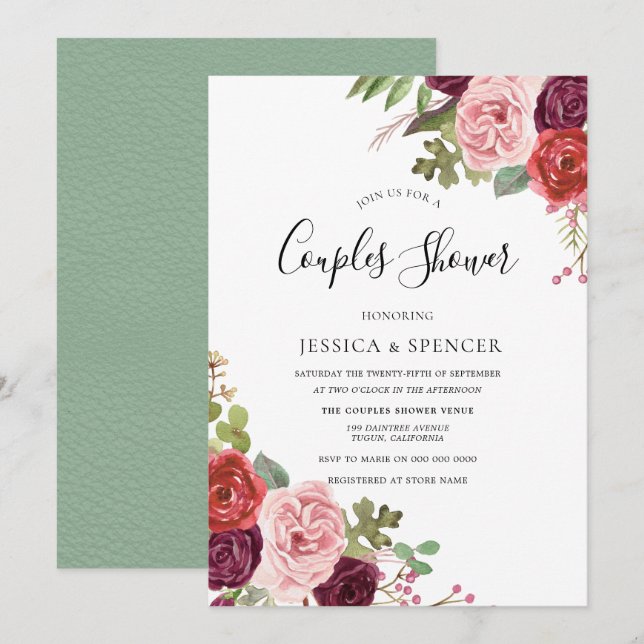 Elégant Burgundy Blush Mint Couples Invitation de  (Devant / Derrière)