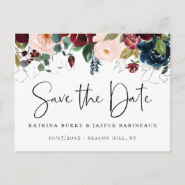 Elegant Burgundy Blush Navy Floral Save the Date Ankündigungspostkarte