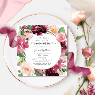 Elegant Burgundy Blush Pink Floral Quinceanera Einladung