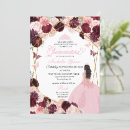 Elegant Burgundy Blush Pink Floral Quinceanera Einladung