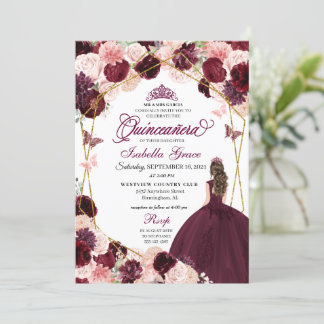 Elegant Burgundy Blush Pink Floral Quinceanera Inv Einladung