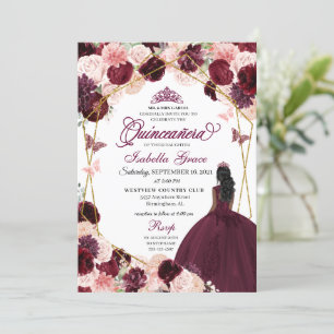 Elegant Burgundy Blush Pink Floral Quinceanera Inv Einladung