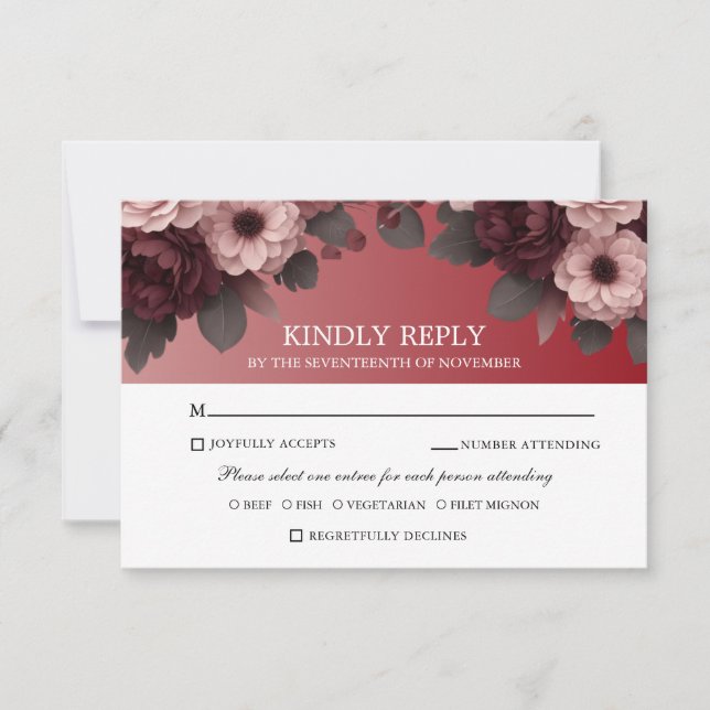 Elegant Burgundy Blush Pink Rose Boho Wedding RSVP (Vorderseite)