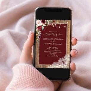 Elegant Burgundy Blush Wood Lace Script Wedding Einladung