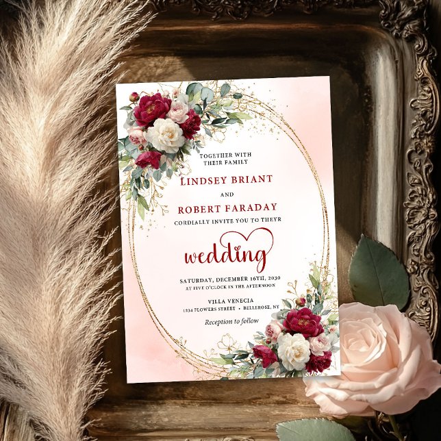 Elegant Burgundy Bohemian Floral Wedding Invitatio Einladung (Elegant Burgundy Bohemian Floral Wedding Invitation)
