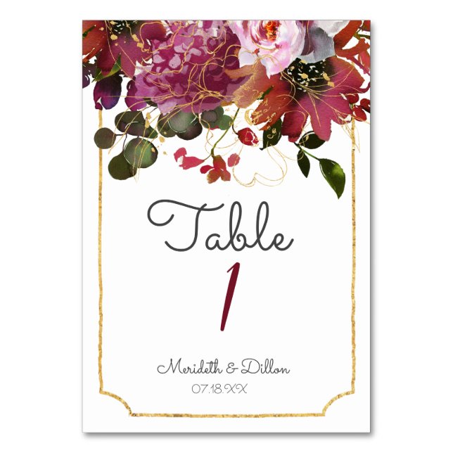 Elegant Burgundy Boho Floral Gold Geometric Tischnummer (Vorderseite)