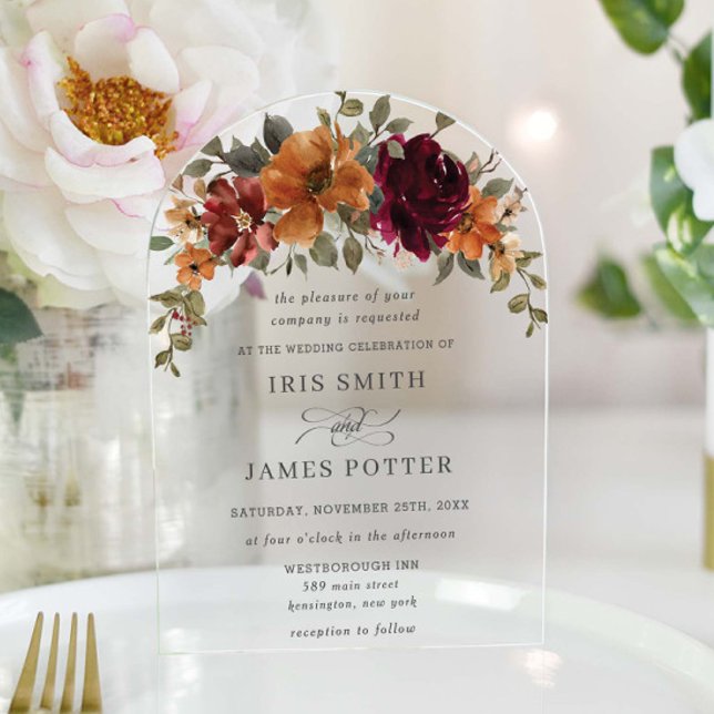 Elegant Burgundy Burnt Orange Rust Floral Wedding Acryleinladungen (Von Creator hochgeladen)