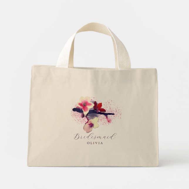 Elegant Burgundy Cherry Blossom Bridesmaid Mini Stoffbeutel (Rückseite)