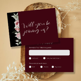 Elegant Burgundy Dark Floral Wedding RSVP Karte