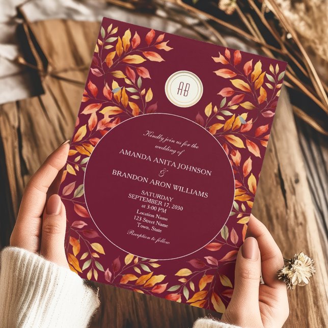Elegant Burgundy Fall Leaves Wedding Einladung (Von Creator hochgeladen)