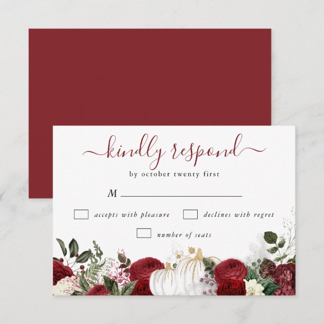 Elegant Burgundy Fall Pumpkin Wedding RSVP Karte (Vorne/Hinten)