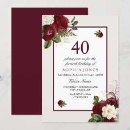 Elegant Burgundy Floral 40. Geburtstags-Party Einladung