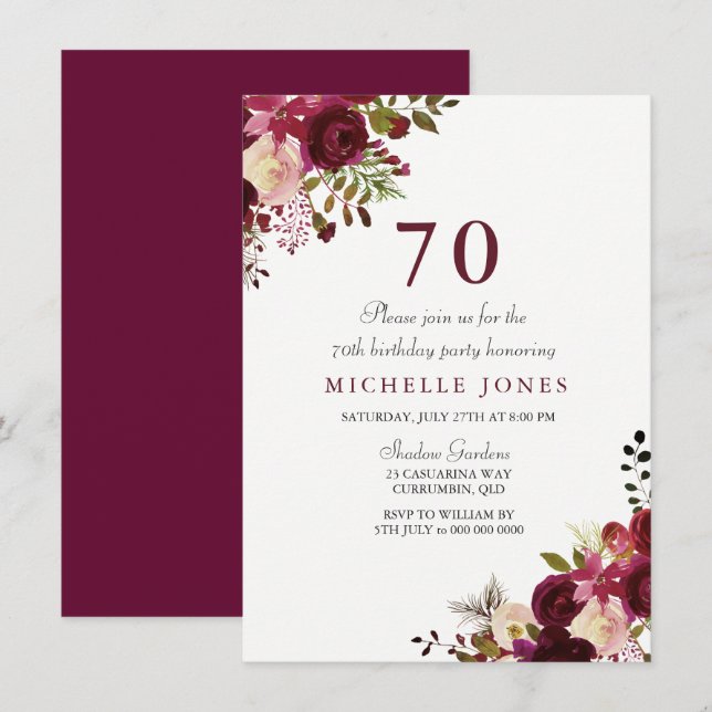 Elegant Burgundy Floral 70. Geburtstag Einladung (Vorne/Hinten)