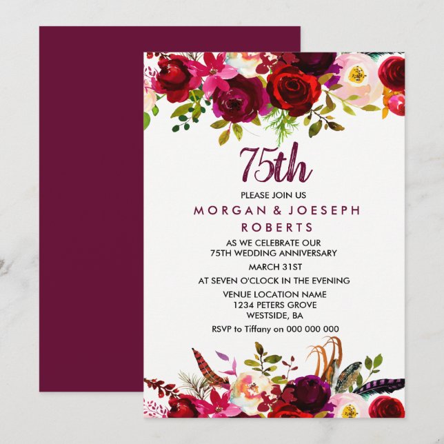 Elegant Burgundy Floral 75. Hochzeitstag Einladung (Vorne/Hinten)
