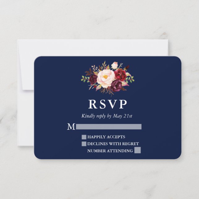Elegant Burgundy Floral Blue Wedding RSVP Karte (Vorderseite)