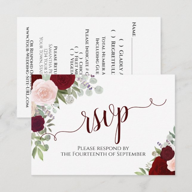 Elegant Burgundy Floral Calligraphy Wedding RSVP Karte (Vorne/Hinten)