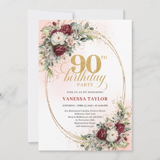 Elegant Burgundy Floral Gold Frame 90th Birthday Einladung (Vorderseite)
