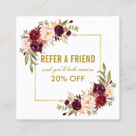Elegant Burgundy Floral Gold Frame Referenz Quadratische Visitenkarte
