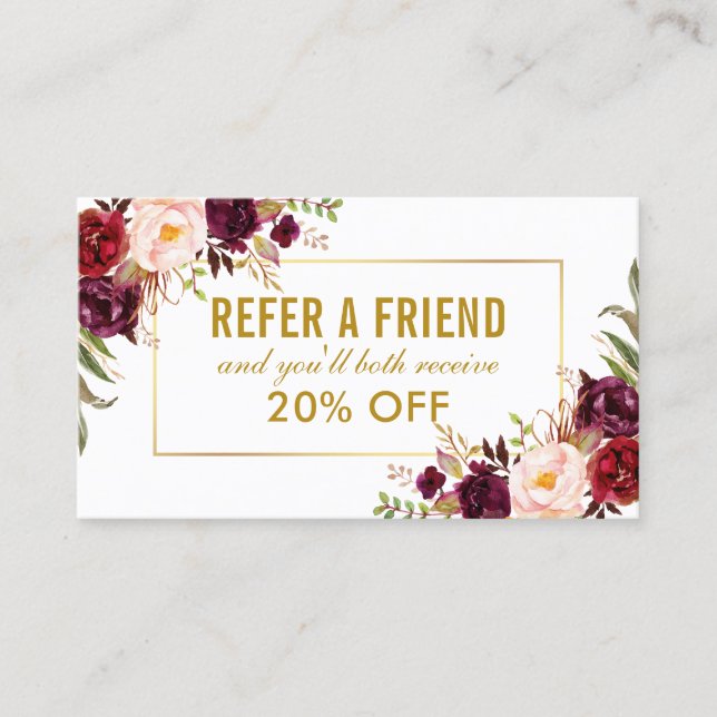 Elegant Burgundy Floral Gold Frame Referenz Visitenkarte (Vorderseite)