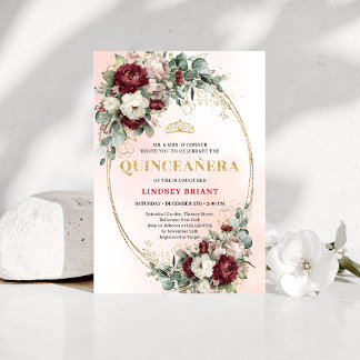 Elegant Burgundy Floral Gold Quinceañera Invite Einladung
