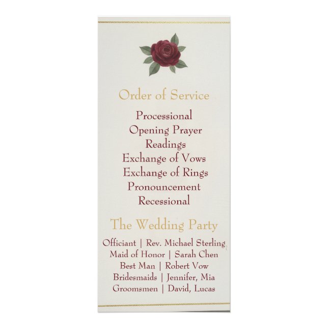 Elegant Burgundy Floral & Gold Wedding Program Werbekarte (Hinten)