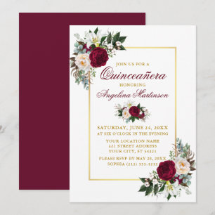 Elegant Burgundy Floral Greenery Gold Quinceanera Einladung