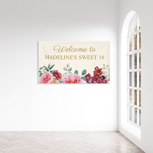 Elegant Burgundy Floral Pink Peonies Sweet 16 Banner (Von Creator hochgeladen)