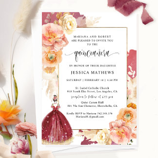 Elegant Burgundy Floral Prinzessin Quinceañera Einladung