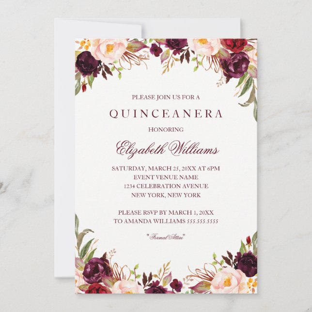 Elegant Burgundy Floral Quinceanera Einladung (Vorderseite)
