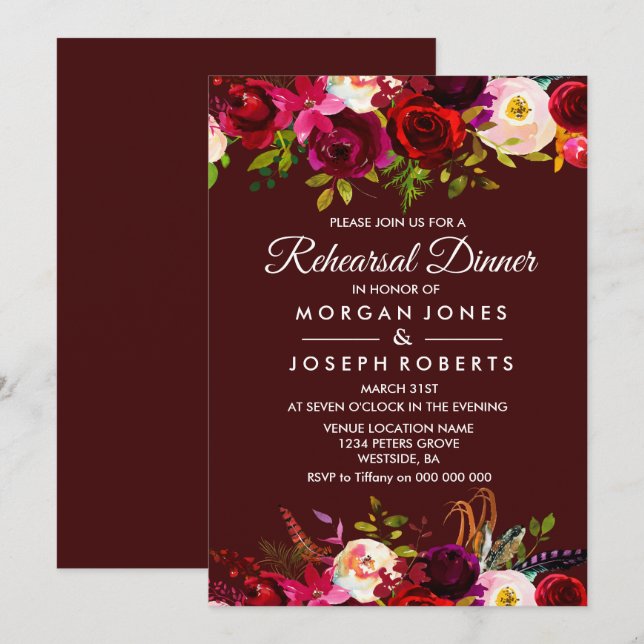 Élégant Burgundy Floral Rehearsal Dîner Invitation (Devant / Derrière)