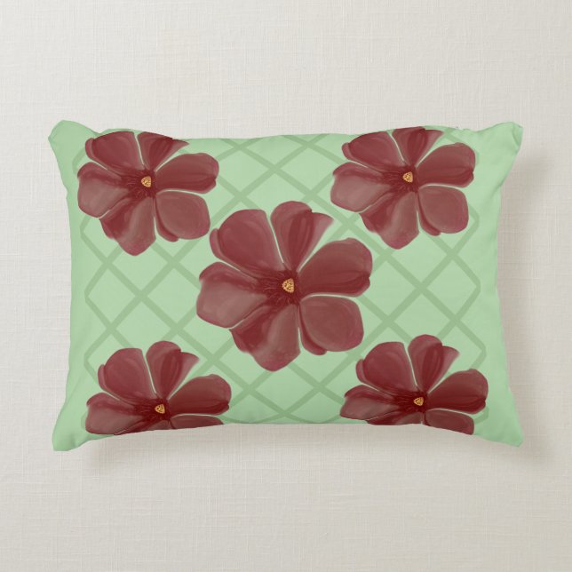 Elegant Burgundy Floral & Sage Green Lattice Patte Dekokissen (Vorderseite)