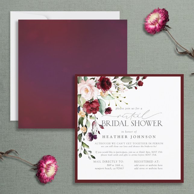 Elegant Burgundy Floral Virtual Bridal Shower Einladung (Von Creator hochgeladen)