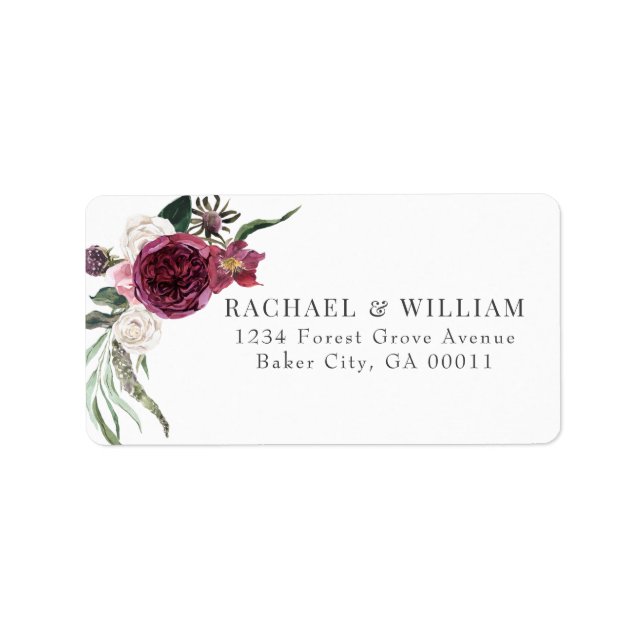 Elegant Burgundy Floral Wedding Address Adressaufkleber (Vorne)