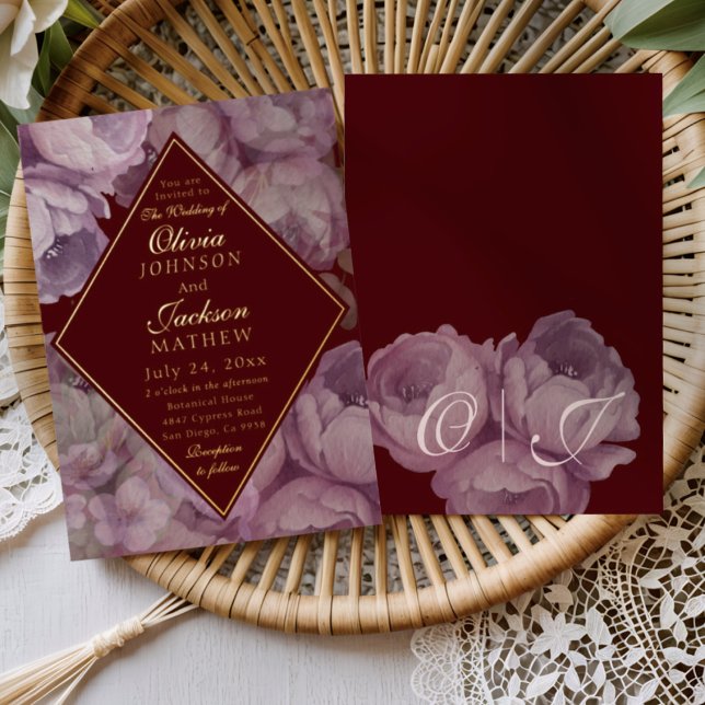 Elegant Burgundy Floral Wedding Invitation  (Créateur téléchargé)