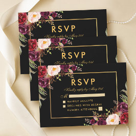Elegant Burgundy Floral Wedding RSVP Black Gold