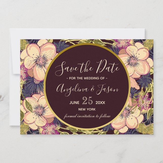 Elegant Burgundy Floral Wedding Save The Date (Vorderseite)