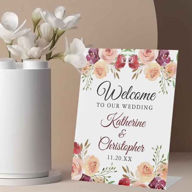 Elegant Burgundy Floral Willkommen bei unserer Hoc Sockelschild (Von Creator hochgeladen)